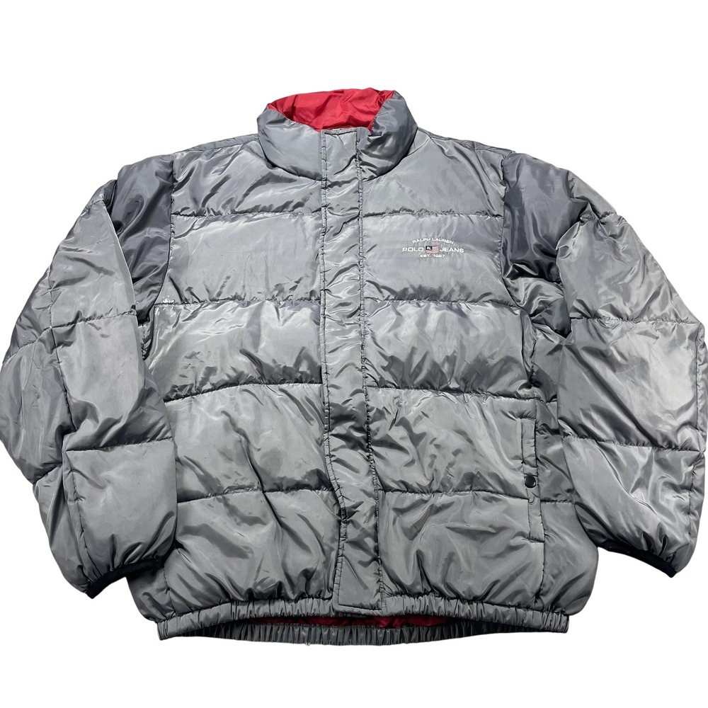 Polo Ralph Lauren Polo Jeans Jacket Mens Large Gray Down Puffer Full Zip Flaws